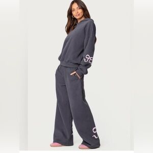 Edikted Hoodie & Sweatpants Set. Dark Gray with Pink Bows. Top L, Bottoms S